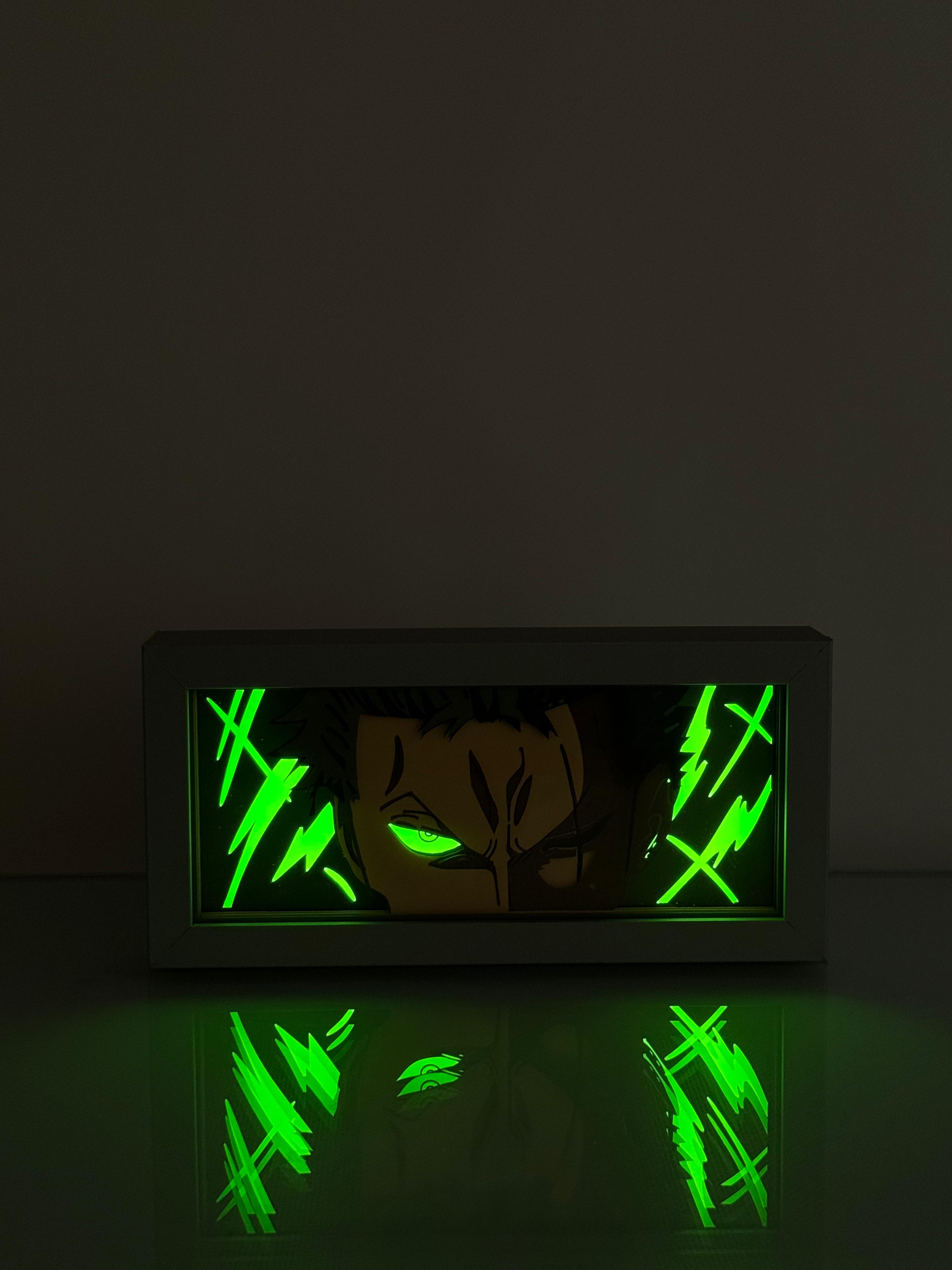 3D Zoro Ahşap Katmanlı Anime Işık Kutusu – LED Dekor & Gece Lambası